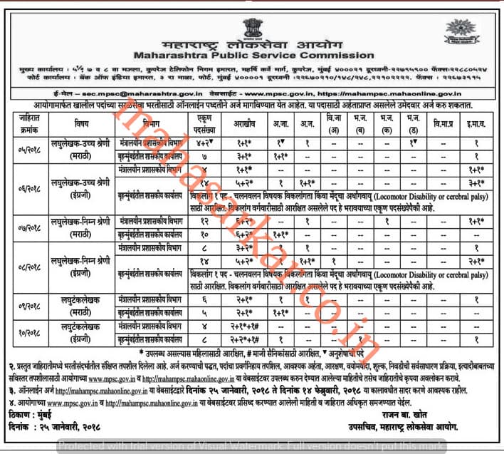 MPSC Maharashtra Stenographer Recruitment 2018 #98Posts