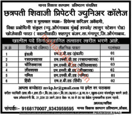 Chatrapati Shivaji Jr College Recruitment 2018