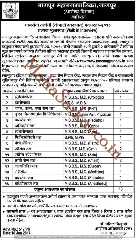Nagpur Mahanagarpalika Specialist Doctors Recruitment 2018