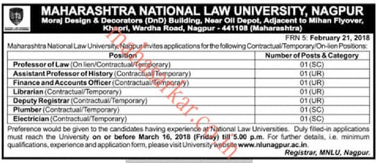 MAHA National Law University Recruitment 2018