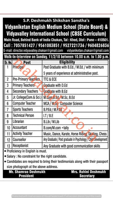 Vidya Niketan English Medium School Recruitment 2018