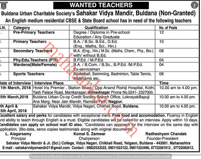 Buldhana Urban Charitable Society Recruitment 2018