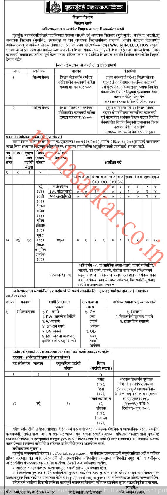 Brihan Mumbai Mahanagarpalika Shikshan Sevak Recruitment 2018