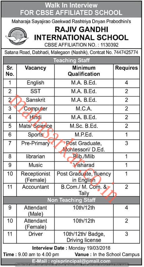 Rajib Gandhi International School Nashik Recruitment 2018
