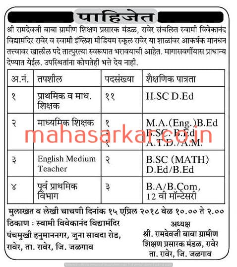 Ramdevji Baba Gramin Shikshan Prasarak Mandal Recruitment 2018