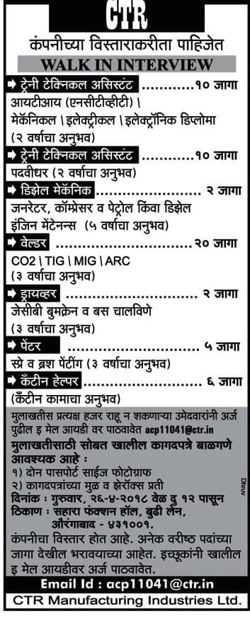 MAHA CTR Aurangabad Recruitment 2018