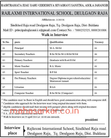 Rajlaxmi International School Recruitment 2018