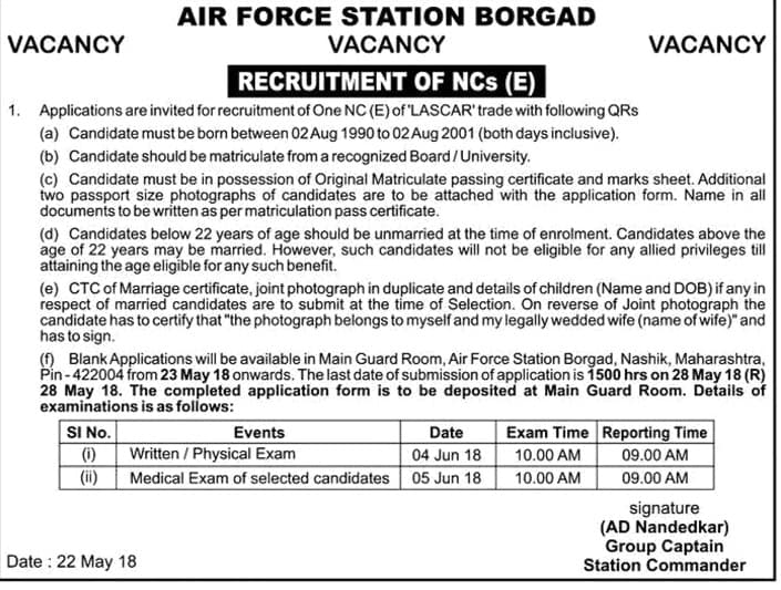 Air Force Station Borgad Recruitment 2018