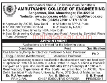 Amrutvahini College Ahmadnagar Recruitment 2018