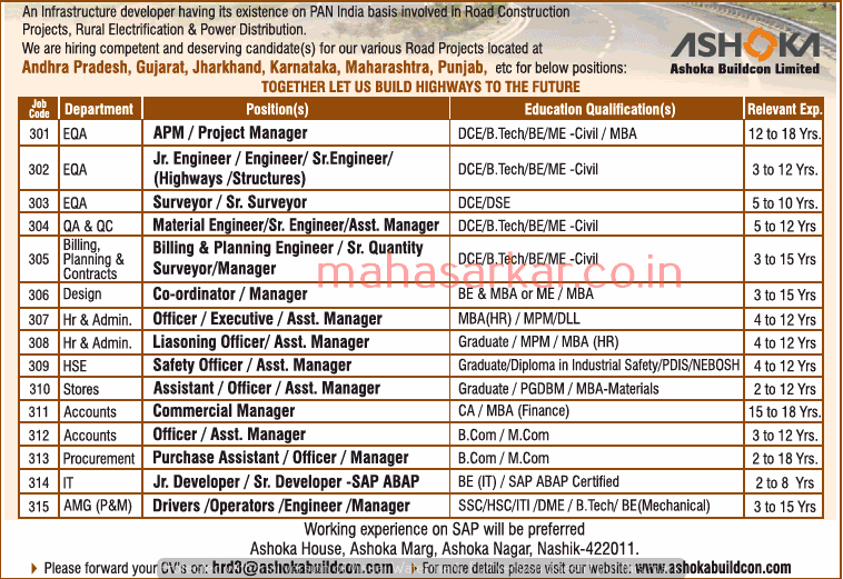 Ashoka Buildcon Nashik Recruitment 2018