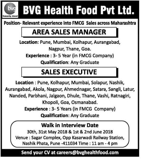 BVG Health Food Maharashtra Recruitment 2018