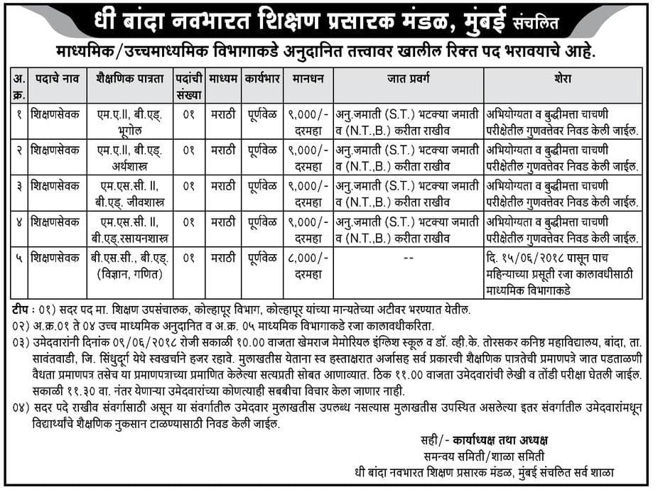 Navbharat Shikshan Prasarak Mandal Recruitment 2018