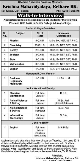 Krishna Mahavidyalaya Satara Recruitment 2018