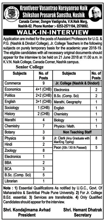 KVN Naik College Nashik Recruitment 2018