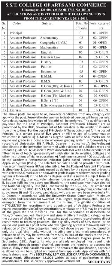 SST College Ulhasnagar Recruitment 2018