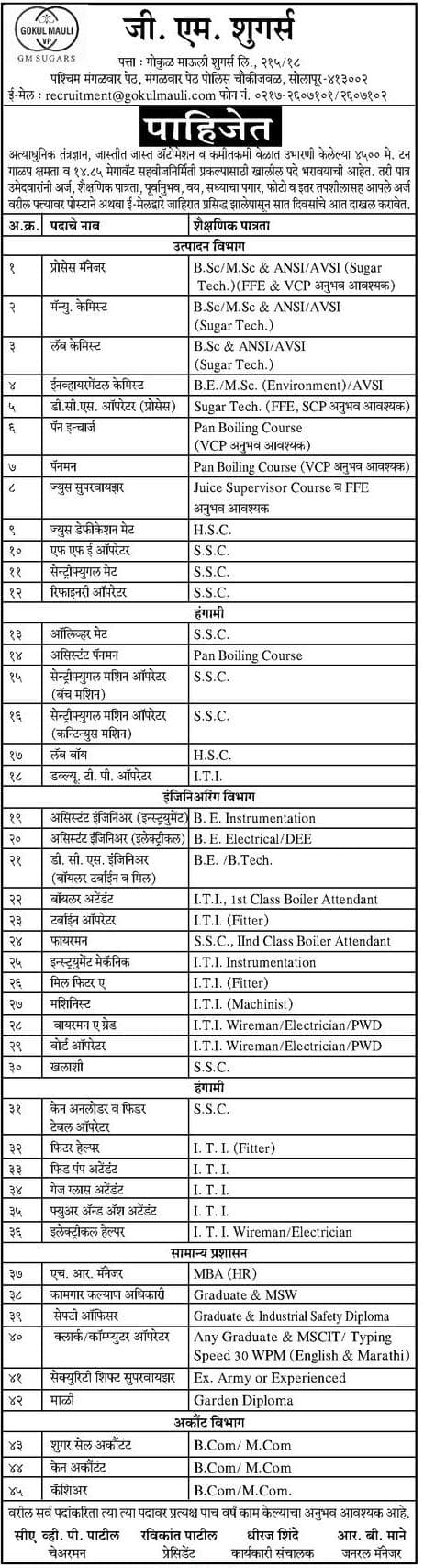 GM Sugars Solapur Recruitment 2018