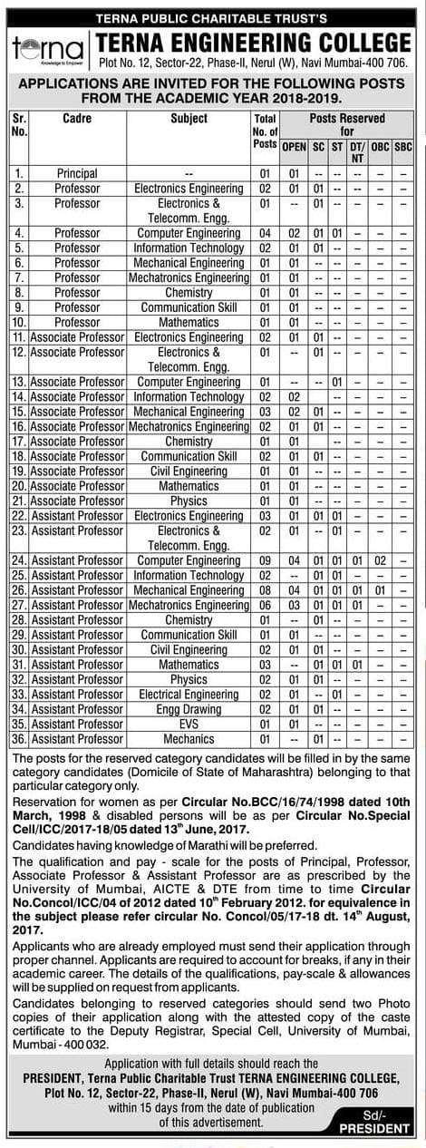 Terna Mumbai Recruitment 2018