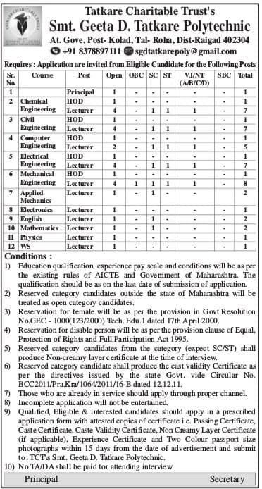 Tatkare Charitable Trust Recruitment 2018