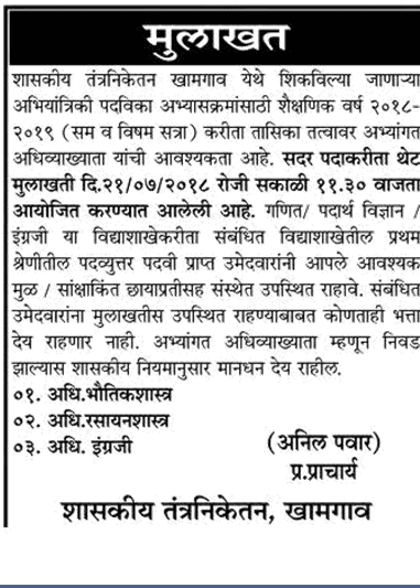 Govt Polytechnic Khamgaon Recruitment 2018