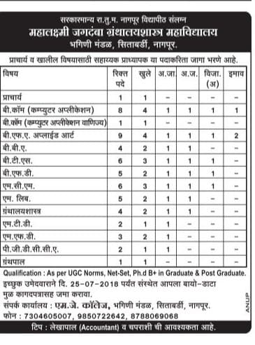 Mahalaxmi Jagdamba College Recruitment 2018