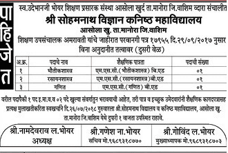 Shri Sohamnath Junior College Washim Recruitment 2018