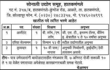 Sonali Udyog Samuh Kolhapur Recruitment 2018