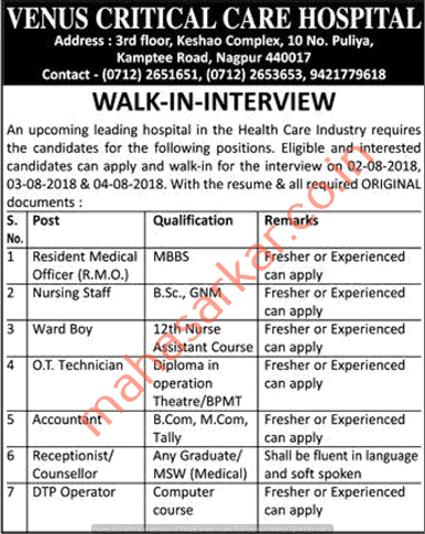 Venus Critical Care Hospital Nagpur Recruitment 2018