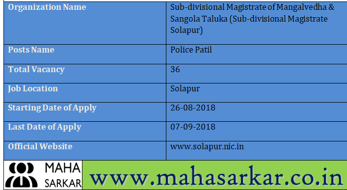 Sub-divisional Magistrate Solapur Recruitment 2018