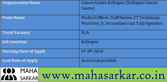 Kolhapur Cancer Centre Recruitment 2018