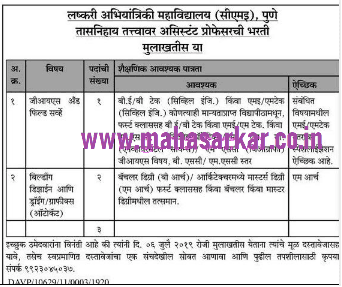 लष्करी अभियांत्रिकी महाविद्यालय पुणे मध्ये 03 जागांसाठी भरती २०१९