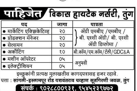 Vikas High Tech Nursery Sangli Recruitment 2019 for 80 Vacancies
