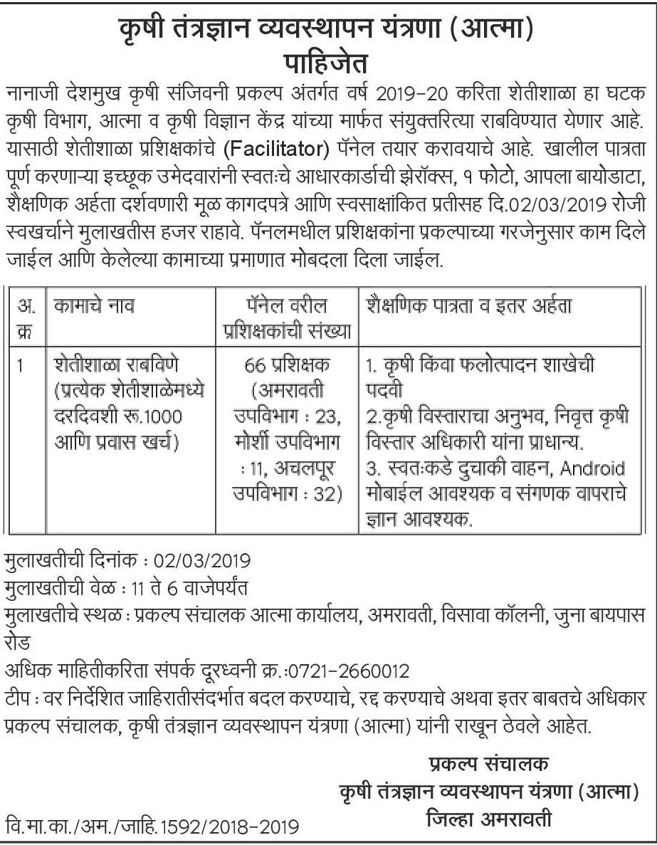 कृषी संजीवनी प्रकल्प अमरावती मध्ये 66 जागांसाठी भरती २०१९