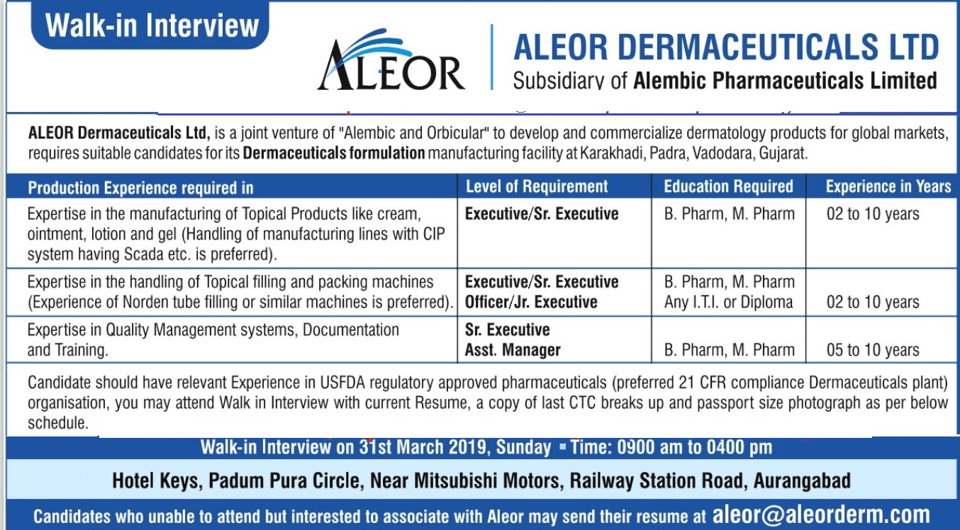 Aleor Dermaceuticals Aurangabad Recruitment 2019