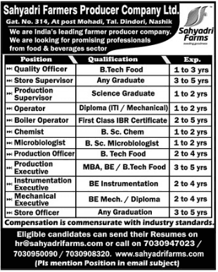Sahyadri Farmers Producer Company Nashik Recruitment 2019