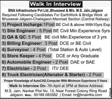 BNA Infrastructure Bhusawal Recruitment 2019 For 26 Posts