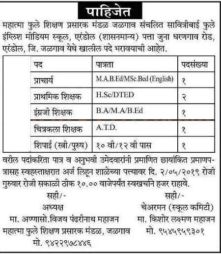 महात्मा फुले शिक्षण प्रसारक मंडळ जळगाव मध्ये 12 जागांसाठी भरती २०२०