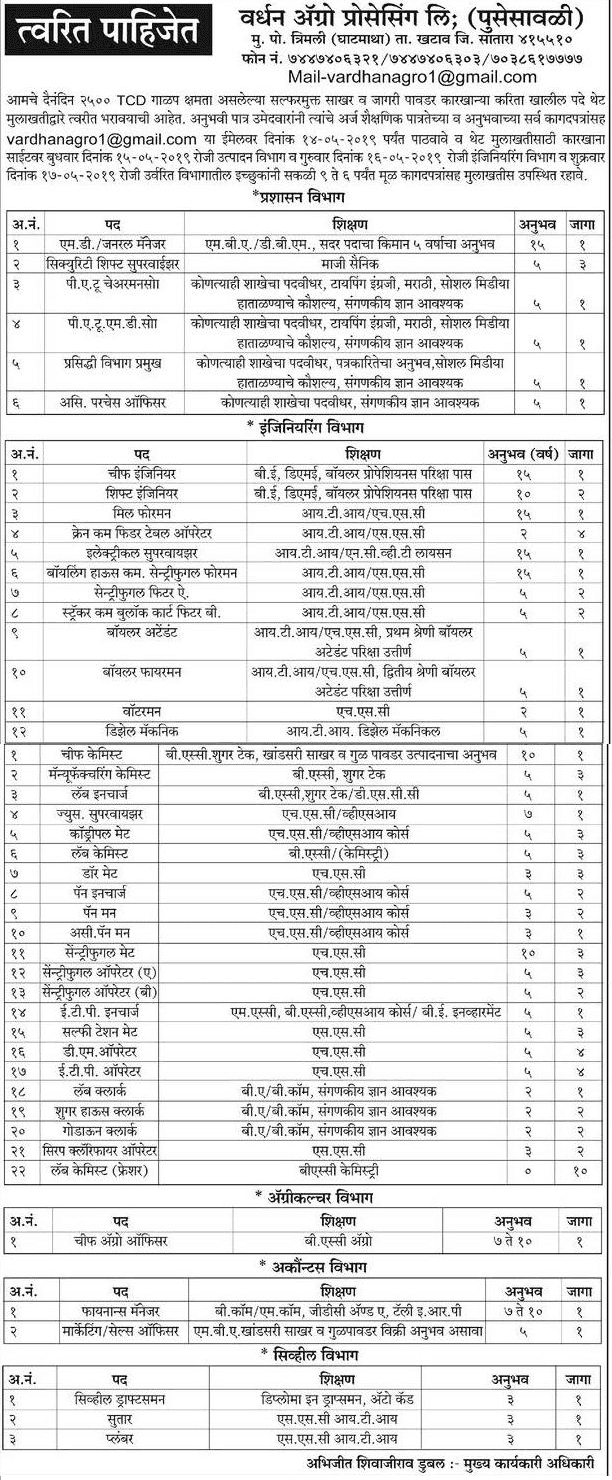 वर्धन अॅग्रो प्रोसेसिंग सातारा मध्ये 89 जागांसाठी भरती २०१९
