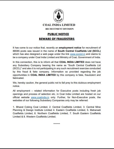 SCCL Recruitment 2019 of 88585 posts is Fake | Coal India Official www.coalindia.in