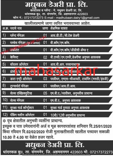 मधुबन डेअरी प्रायव्हेट लिमिटेड मध्ये 19 जागांसाठी भरती २०२०