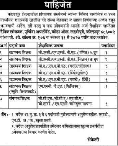 प्रथितयश संस्था कोल्हापूर भरती २०२०.