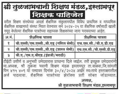 श्री तुळजाभवानी शिक्षण मंडळ इस्लामपूर भरती २०२४.